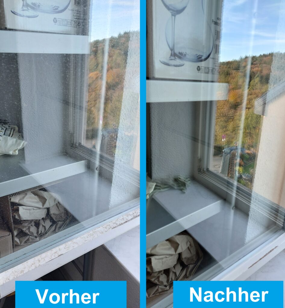 Das Foto zeigt ein dreckiges Fenster vor der Reinigung und das gleiche saubere Fenster nach der Fensterreinigung.