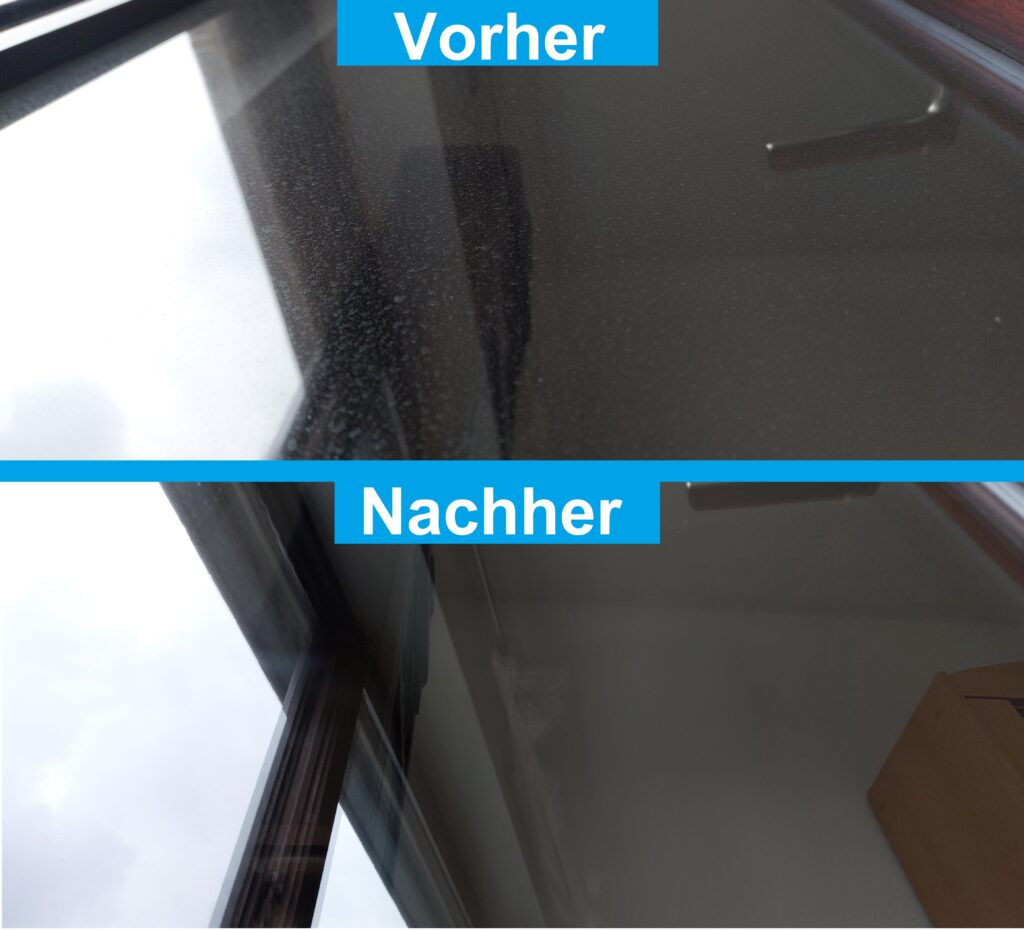 Das Foto zeigt ein dreckiges Fenster vor der Reinigung und das gleiche saubere Fenster nach der Fensterreinigung.