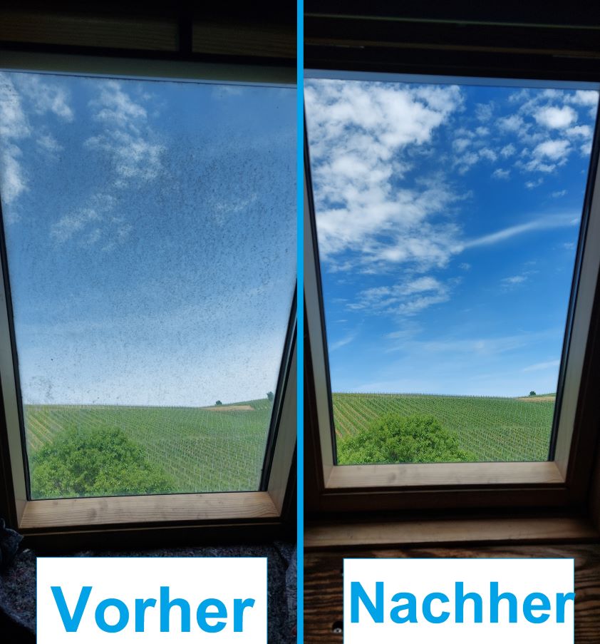 Vorher-Nachher-Bild einer Fensterreinigung: links stark verschmutztes Fenster, rechts gründlich gereinigtes, streifenfrei sauberes Fenster mit klarer Sicht.
