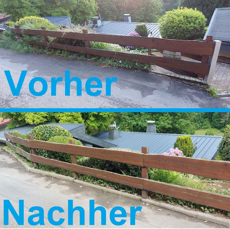 Das Foto zeigt oben einen ungepflegten Garten, unten einen gepflegten Garten. 