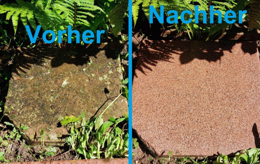 Vorher- & Nachherfoto Steinreinigung. Links ein extrem verschmutzter Gehwegstein, rechts ein sauberer Gehwegstein nach der Reinigung.
