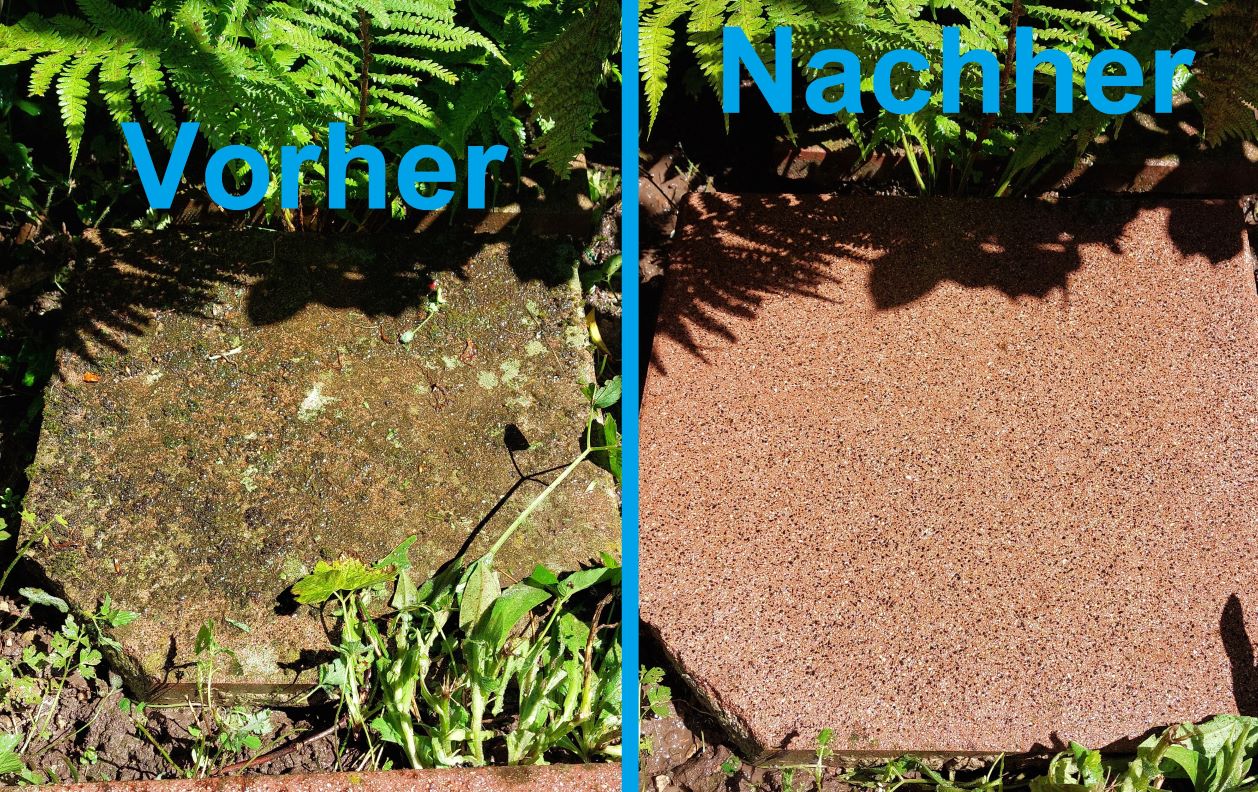 Vorher- & Nachherfoto Steinreinigung. Links ein extrem verschmutzter Gehwegstein, rechts ein sauberer Gehwegstein nach der Reinigung. 